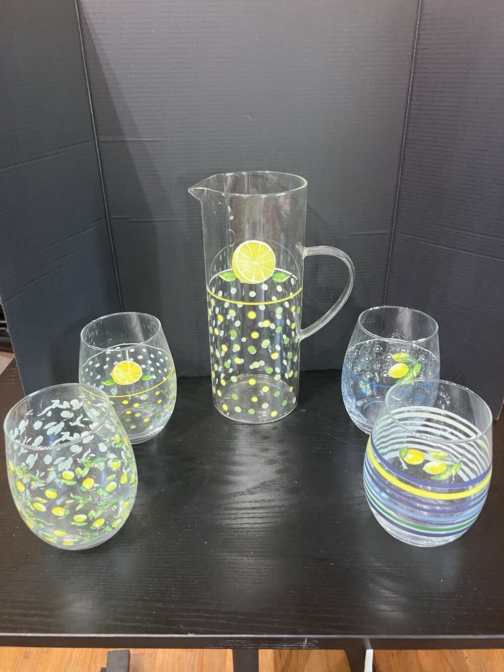 New Pitcher And 4 Glasses HOME ESSENTIALS PITCHER SET Lemon & Leaves
